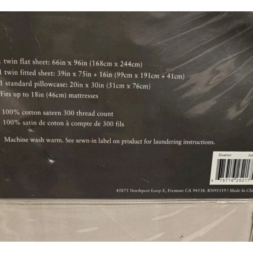 Echodesign  TWIN Size 100‎ % Cotton Sateen Sheet Set,300tc Ovation Ivory / Black